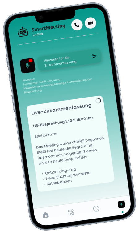 Iphone mock-up showing a live meeting transcription app