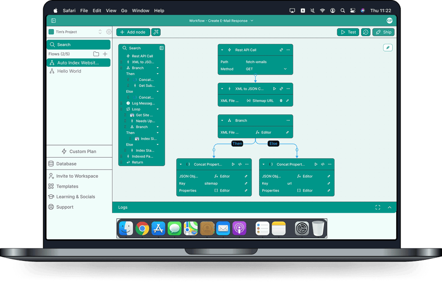 MacBook mock-up showing workflow builder for automation