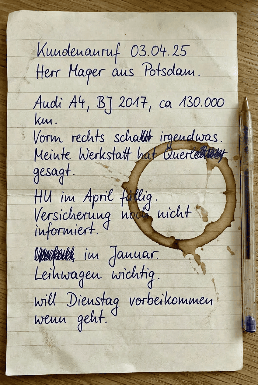Handschriftliche Notiz eines Kundenanrufs